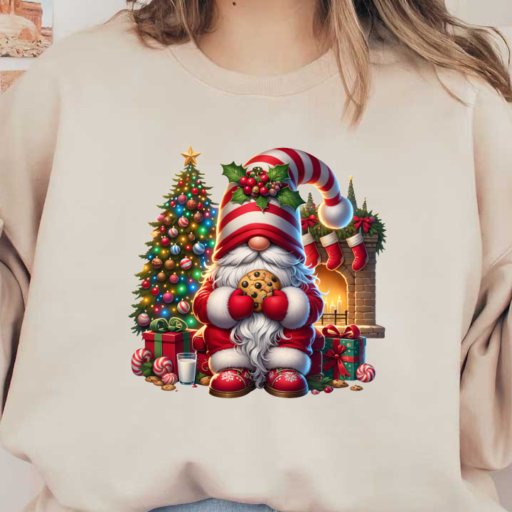 A cheerful Santa Claus, holding a cookie, sits in front of a decorated Christmas tree and a cozy fireplace, surrounded by gifts.DTF Transfers dtf prints