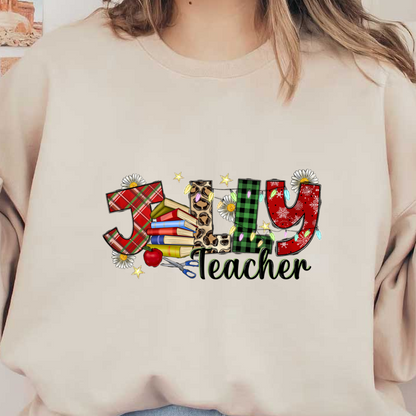 A colorful and playful design featuring the text "Jolly Teacher" adorned with books, flowers, and festive elements.DTF Transfers heat press transfersdtf regular iron