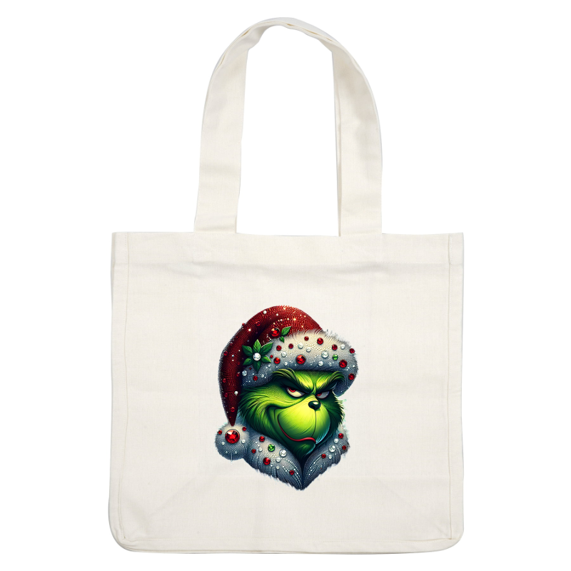 A vibrant illustration of the Grinch wearing a festive Santa hat adorned with decorative jewels and greenery, capturing a mischievous expression.DTF Transfersdtf regular iron