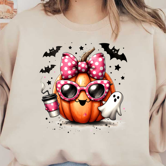 Una alegre calabaza con gafas de sol rosas de lunares de gran tamaño y un lazo, sosteniendo una taza de café, acompañada de un simpático fantasma.