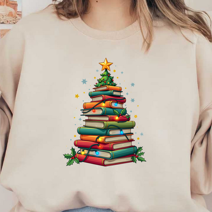 A festive stack of colorful books arranged like a Christmas tree, adorned with twinkling lights and a star top.DTF Transfers