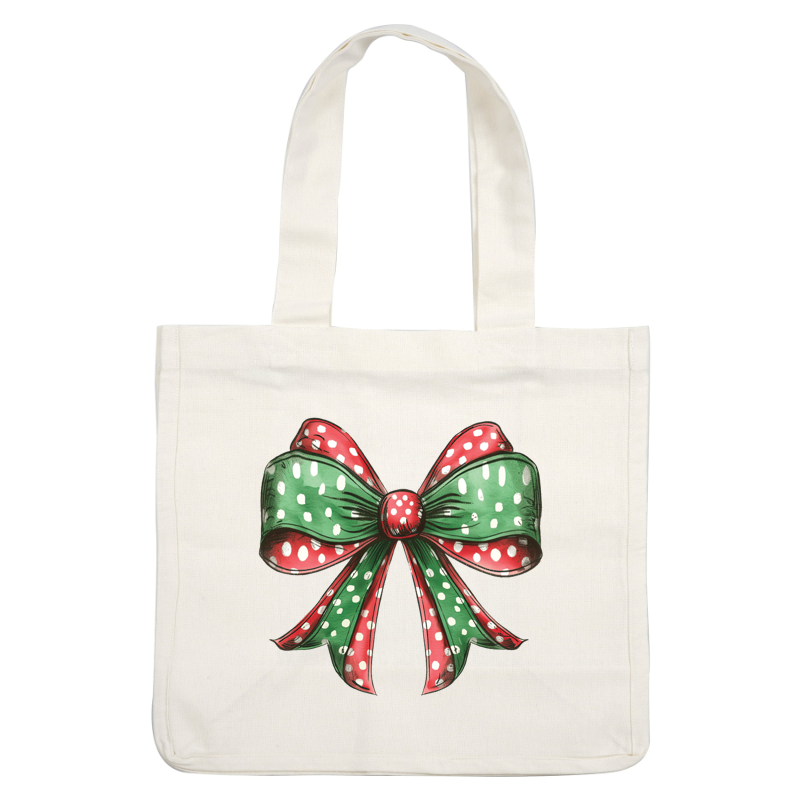 A cheerful holiday bow featuring red and green fabric with white polka dots, perfect for festive decorations. dtf prints