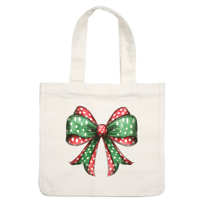 A cheerful holiday bow featuring red and green fabric with white polka dots, perfect for festive decorations. dtf prints