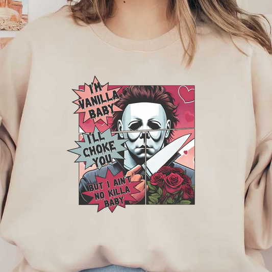 Esta vibrante obra de arte presenta un personaje estilizado que sostiene un cuchillo y rosas, complementado con un texto divertido y vanguardista.