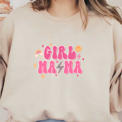 Un diseño vibrante y divertido que presenta "GIRL MAMA" en llamativas letras rosas, acentuadas con íconos divertidos como arcoíris, estrellas y rayos.