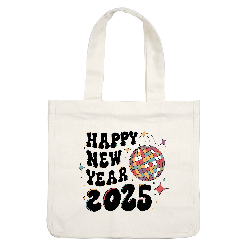 Celebrate the arrival of 2025 with this colorful "Happy New Year" graphic featuring a vibrant disco ball and playful stars!DTF Transfers