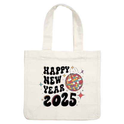 Celebrate the arrival of 2025 with this colorful "Happy New Year" graphic featuring a vibrant disco ball and playful stars!DTF Transfers