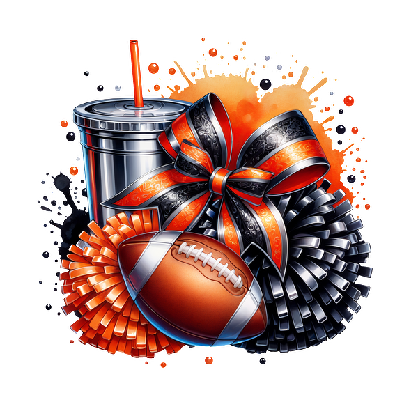 A vibrant design featuring a football, pom-poms, a festive bow, and a drink, perfect for game day celebrations!DTF Transfers dtf prints