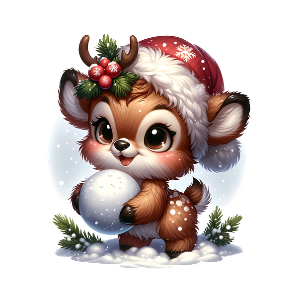 A cute cartoon reindeer wearing a Santa hat joyfully holds a snowball, surrounded by snow and festive greenery.dtf regular iron