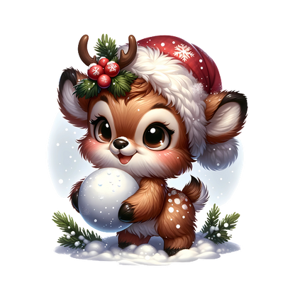 A cute cartoon reindeer wearing a Santa hat joyfully holds a snowball, surrounded by snow and festive greenery.dtf regular iron