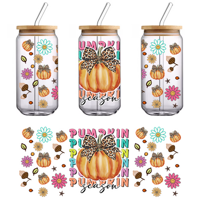 A vibrant fall-themed design featuring a pumpkin with a leopard print bow, surrounded by colorful flowers and playful text.UV Transfers dtf transfers