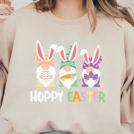 Celebrate Easter with these charming, colorful bunnies featuring festive hats, holding eggs and carrots, and a cheerful greeting!DTF Transfers