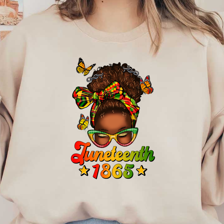 A vibrant Juneteenth design featuring a woman with curly hair, sparkly glasses, and a colorful headscarf surrounded by butterflies. heat press transfers