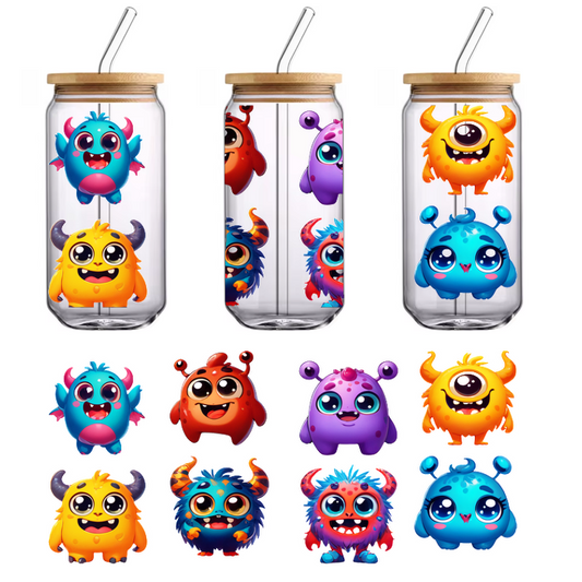 A vibrant collection of cute, cartoonish monsters in various colors and unique features, each with big smiles and playful designs.UV Transfersdtf regular iron