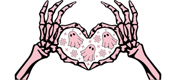 A playful design featuring pink skeleton hands forming a heart with cute ghosts and flowers inside.UV Transfersdtf regular iron