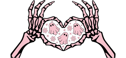 A playful design featuring pink skeleton hands forming a heart with cute ghosts and flowers inside.UV Transfersdtf regular iron