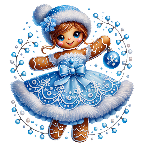 This charming gingerbread girl wears a winter-themed blue dress and hat, adorned with snowflakes and a festive ornament.DTF Transfers