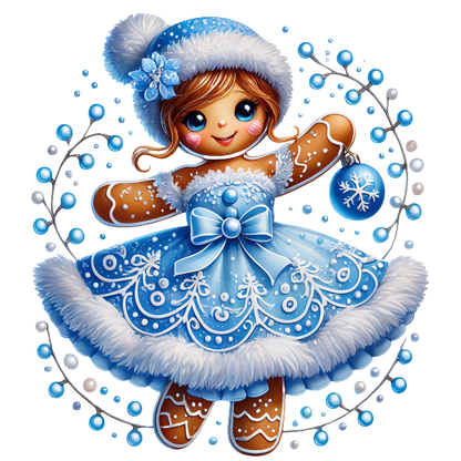 This charming gingerbread girl wears a winter-themed blue dress and hat, adorned with snowflakes and a festive ornament.DTF Transfers