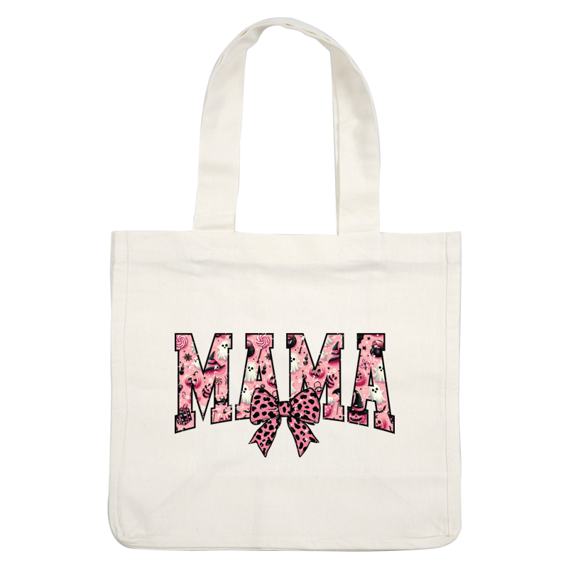 A fun and playful "MAMA" design featuring bright colors, candy motifs, and a stylish black and pink bow. dtf prints