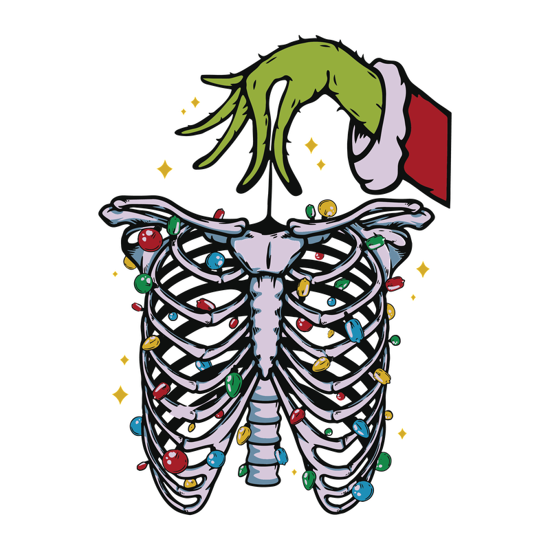 A whimsical illustration featuring a skeletal ribcage adorned with colorful Christmas lights, topped by a green hand in festive attire.DTF Transfersdtf regular iron heat press transfers