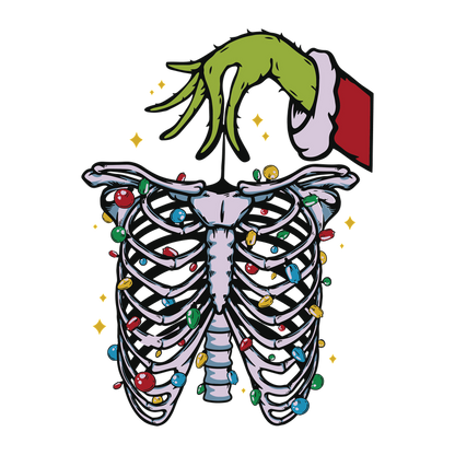 A whimsical illustration featuring a skeletal ribcage adorned with colorful Christmas lights, topped by a green hand in festive attire.DTF Transfersdtf regular iron heat press transfers