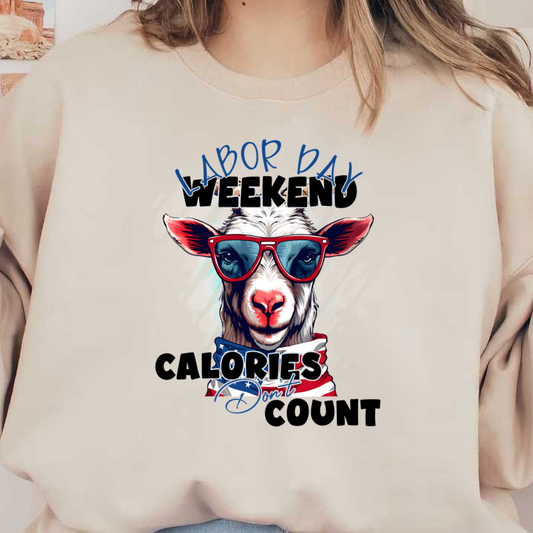 Un gráfico divertido y colorido que presenta una elegante cabra con gafas de sol, celebrando el fin de semana del Día del Trabajo con un lema divertido.