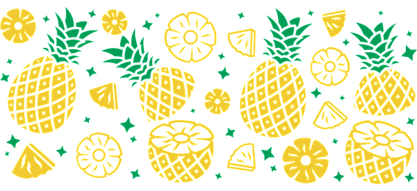 A vibrant pattern featuring pineapples, lemon slices, and various tropical fruits.UV Transfers