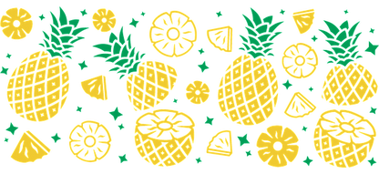 A vibrant pattern featuring pineapples, lemon slices, and various tropical fruits.UV Transfers