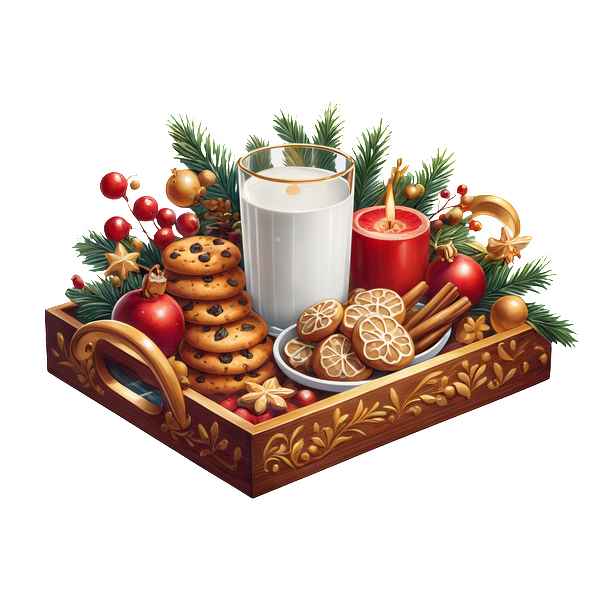 A beautifully arranged holiday tray featuring cookies, milk, festive fruits, a candle, and seasonal greenery for a cozy celebration.dtf regular iron