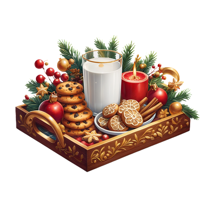 A beautifully arranged holiday tray featuring cookies, milk, festive fruits, a candle, and seasonal greenery for a cozy celebration.dtf regular iron