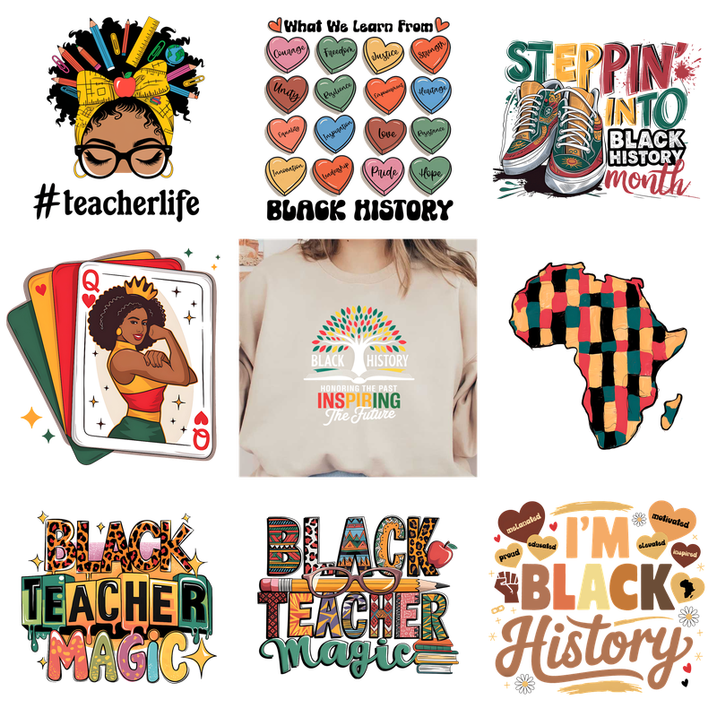 A diverse collection of Black History Month-inspired designs.DTF Transfers