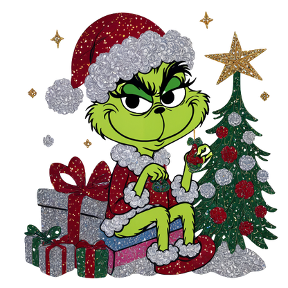 The Grinch, dressed in a festive Santa outfit, mischievously holds an ornament beside a decorated Christmas tree and gifts.DTF Transfers