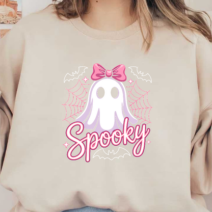 A cute ghost graphic with a pink bow and "Spooky" text design.DTF Transfers