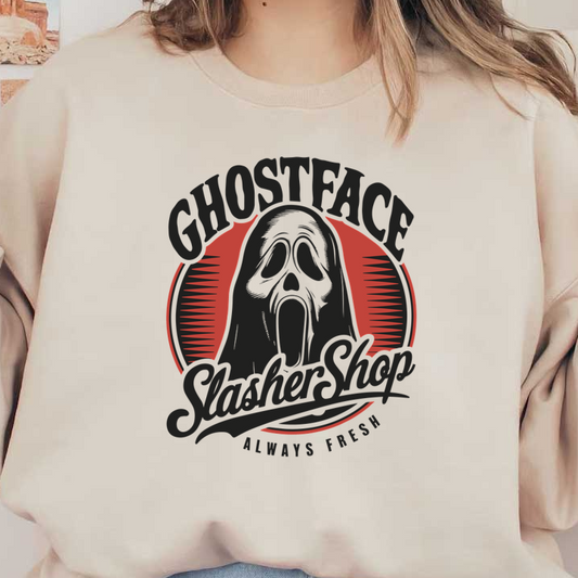 A spooky logo featuring Ghostface, promoting the "Slasher Shop" with a bold and fresh design. heat press transfers