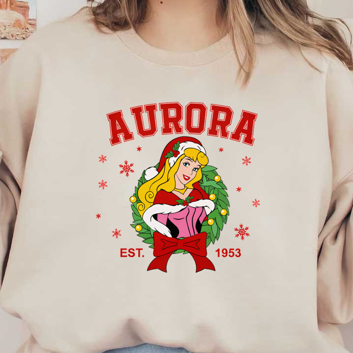 A festive design featuring Princess Aurora in a red holiday outfit, surrounded by a wreath and snowflakes, established 1953.DTF Transfersdtf regular iron