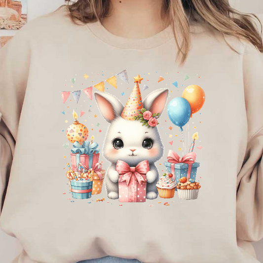 A cute, festive bunny wearing a party hat surrounded by gifts, balloons, cupcakes, and colorful decorations for a celebration.DTF Transfers
