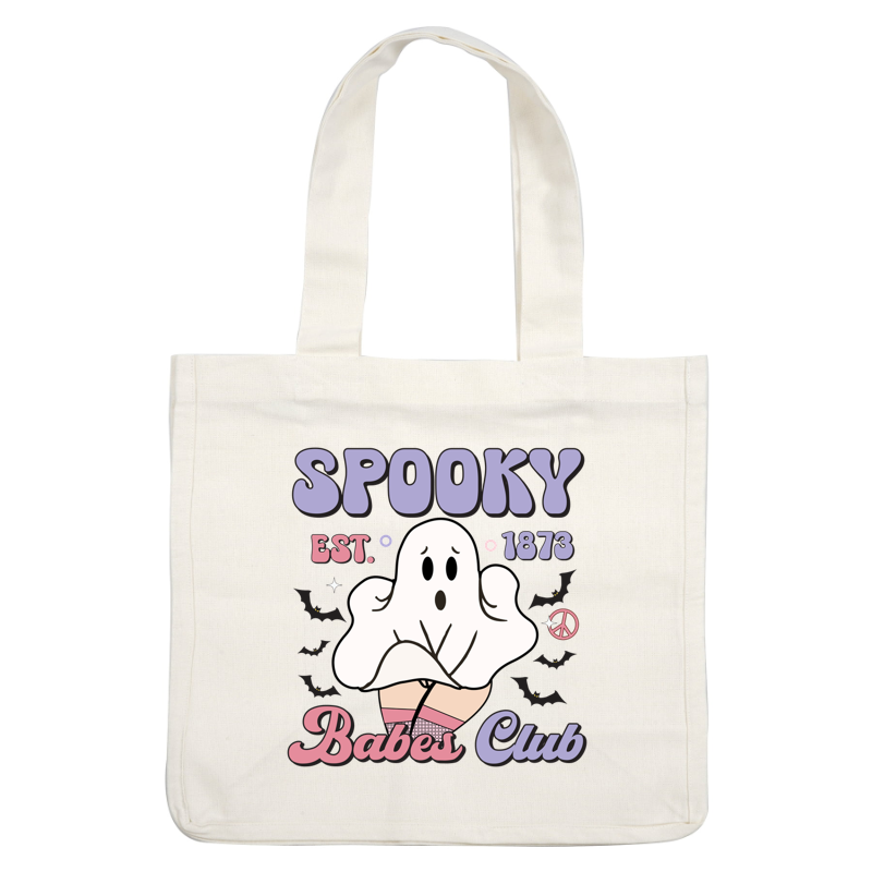 A playful design featuring a cartoon ghost, with the text "Spooky Babes Club" and a vintage date of 1873.dtf regular iron