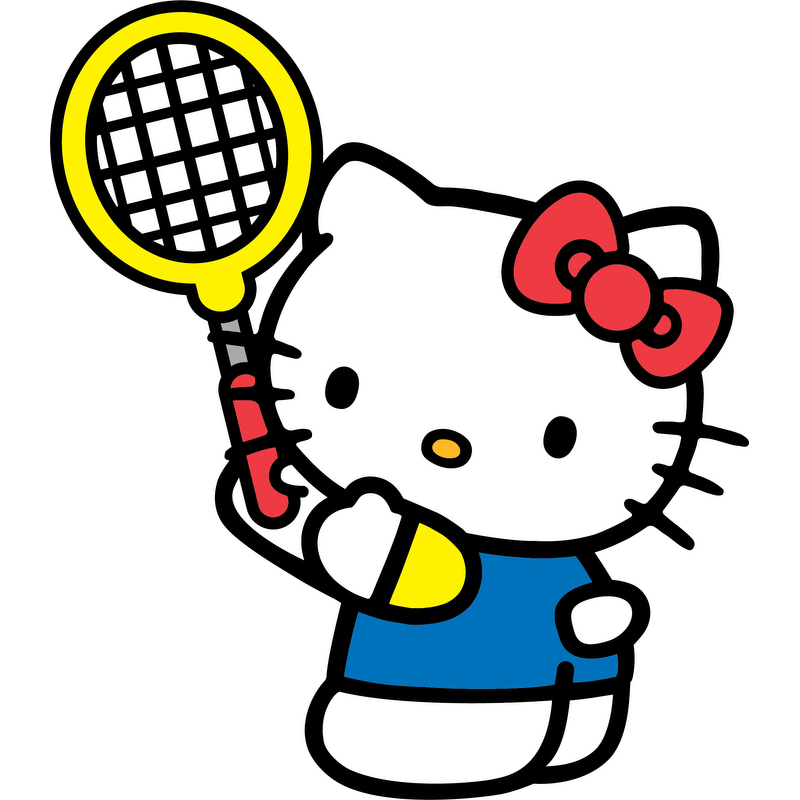 Hello Kitty is playfully holding a yellow magnifying glass, wearing a blue dress and her signature red bow, with a friendly expression.DTF Transfers