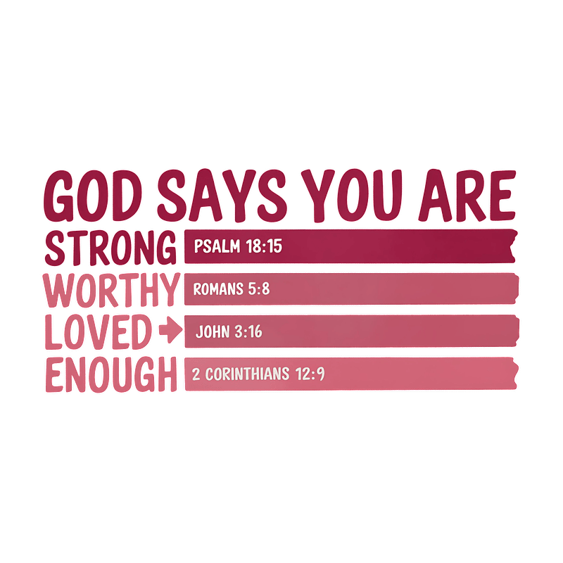 Inspirational graphic affirming that "God says you are strong, worthy, loved, and enough," featuring supporting Bible verses.DTF Transfers