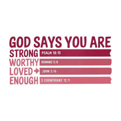 Inspirational graphic affirming that "God says you are strong, worthy, loved, and enough," featuring supporting Bible verses.DTF Transfers