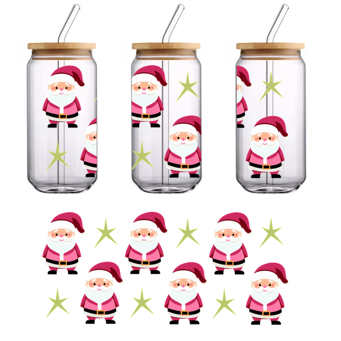 A cheerful group of cartoon Santa Clauses in pink suits, surrounded by bright yellow stars, perfect for festive decorations!UV Transfers dtf prints