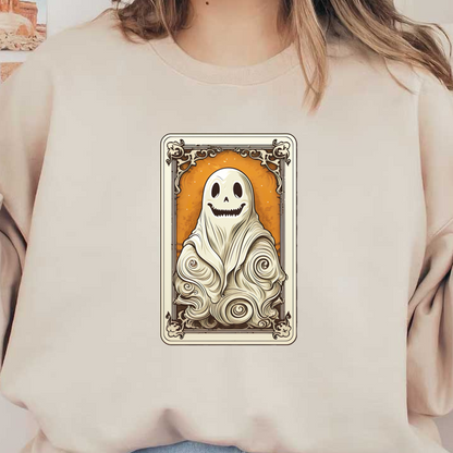 Una caprichosa ilustración de un fantasma que presenta un personaje amigable y sonriente envuelto en una tela fluida y ondulada sobre un fondo naranja.