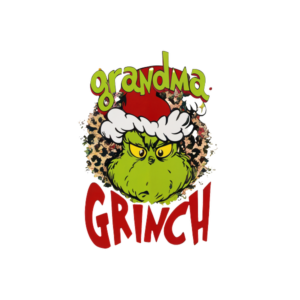 Gráfico festivo y divertido de "Grandma Grinch" que presenta a un Grinch travieso con un gorro de Papá Noel sobre un fondo con estampado de leopardo. Transferencias DTF