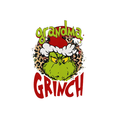 Gráfico festivo y divertido de "Grandma Grinch" que presenta a un Grinch travieso con un gorro de Papá Noel sobre un fondo con estampado de leopardo. Transferencias DTF