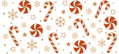 A festive pattern featuring red and white peppermint swirls, candy canes, and snowflakes, perfect for holiday cheer!UV Transfers dtf prints