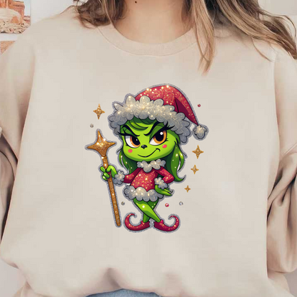 This whimsical green character, dressed in a festive red outfit with a sparkly wand, embodies the holiday spirit with a cheeky charm.DTF Transfers