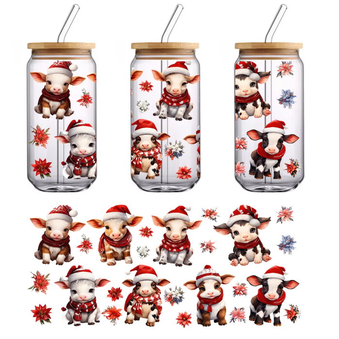 A cheerful collection of adorable calves in festive Santa hats and scarves, perfect for holiday cheer and decoration!UV Transfers dtf prints