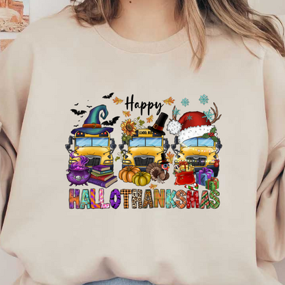 A whimsical illustration featuring three festive school buses adorned with seasonal hats and surrounded by autumn and holiday decorations.DTF Transfersdtf regular iron dtf transfers