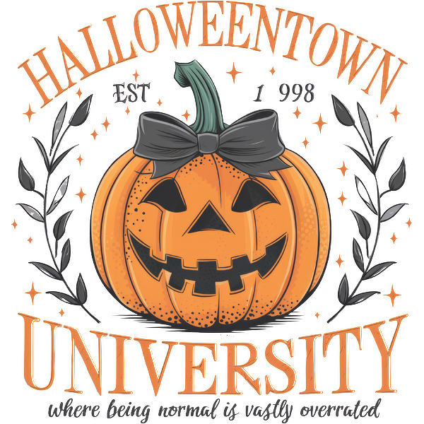 Celebre el espíritu de Halloween con esta colorida ilustración que incluye una calabaza, un lazo y el texto "Halloweentown University". ¡Perfecta para el otoño!