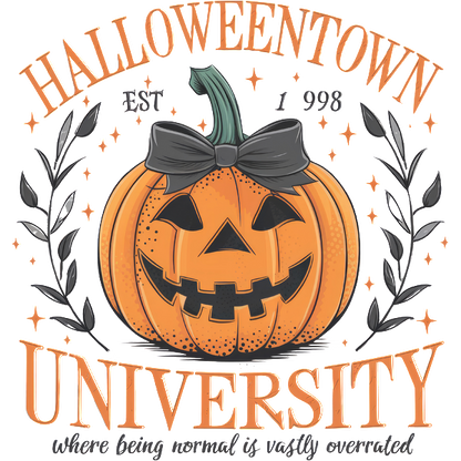 Celebre el espíritu de Halloween con esta colorida ilustración que incluye una calabaza, un lazo y el texto "Halloweentown University". ¡Perfecta para el otoño!